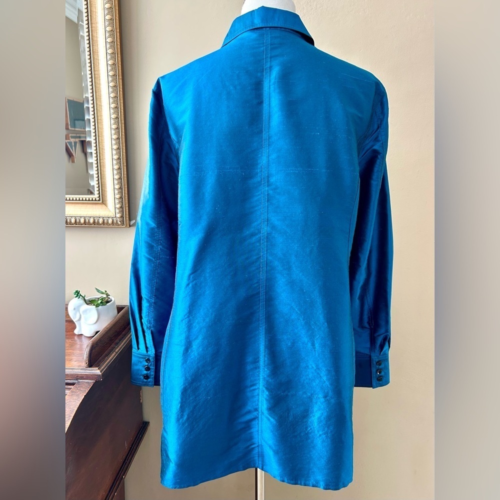 Chico's Teal Blue Raw Silk Long Sleeve Button Down Tunic Top Jacket Size 3 XL - Picture 5 of 8
